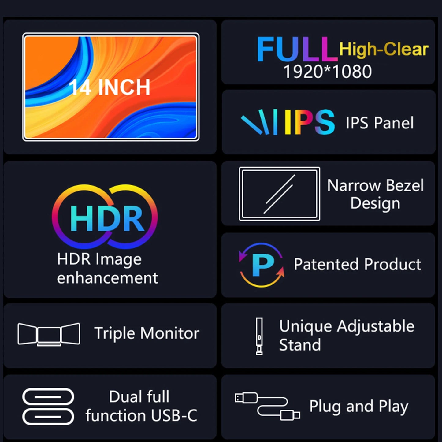 14" FULL HD Tri-Fold Laptop Screen Attachment